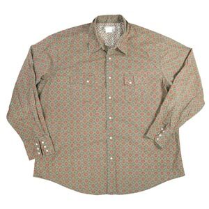Wrangler Wrancher Western Snap Shirt Mens 2XL Green Paisley Medallion Cotton 90s